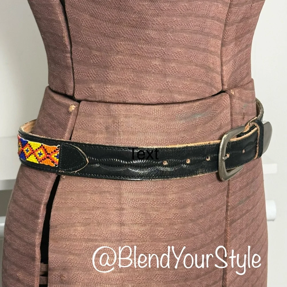 Vintage Multicolor Beaded Leather Belt Southwestern Unisex Size Medium/Large